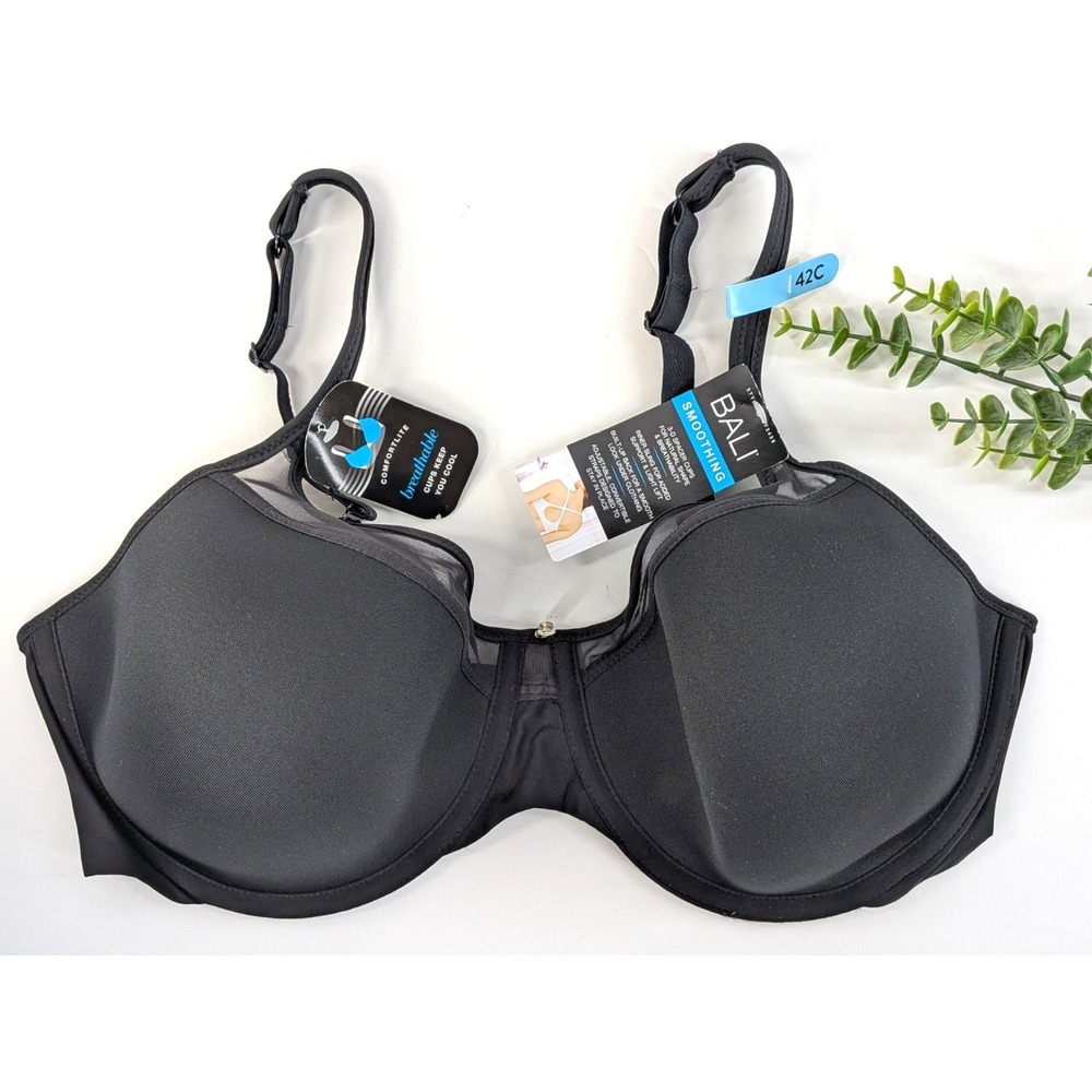 NWT 42C😍Bali Bra Style DF3439 Mesh Bra Underwire Adjustable Straps Black Sexy